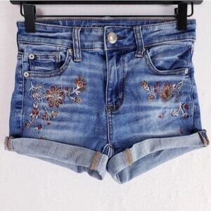 American Eagle Floral Embroidered Hi Rise Shortie Shorts Jean Denim Short Summer